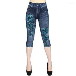 Women's Leggings Woman Sexy Lady High-waisted Print Imitation Denim High Elastic Slim Seven Femme