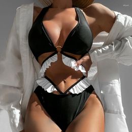 Women's Swimwear Black Ruffled Neck Strap Sexy Split Bikini Women Swimsuit Fashion Holiday Beach Lady