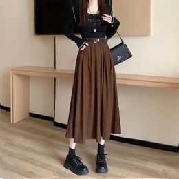 Skirts Fall Winter 2023 Pleated Cordoury Skirt With Belt Women Korean Fashion High Waist Long Female Casual All Match Faldas Y2k
