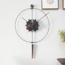 Large black walnut pendant clock Nordic minimalist Spanish decorative clock living room Creative Modern gear art wall decoration