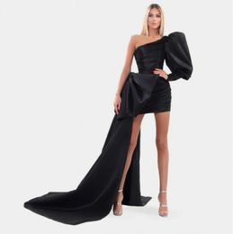 High End Black Mini Sheath Prom Dress With Ribbon One Shoulder Puff Sleeves Sexy Short Beading Birthday Gowns Formal Evening Dresses Robe De Soiree