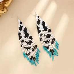 Dangle Earrings COW PATTERN Long Women's Boho Aesthetic Bohemian Ethnic Drop Earring White Black Seed Bead Handwave Jewelry EAR01084