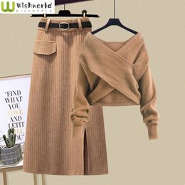 Two Piece Dress Korean Fashion Spring and Autumn Ageing Cross Knit Sweater Thin Skirt Two-piece Elegant Womens Skirt Set 230403