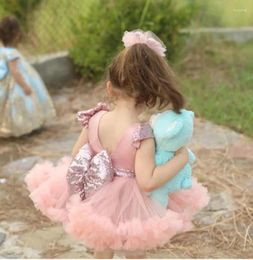 Girl Dresses Princess Cute Flower Dress For Wedding Pink Mini Sequins Tulle Sleeveless Baby Puffy With Bow Kids Birthday Party Ball Gown