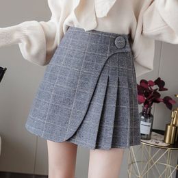Skirts Plaid Skirt Shorts Women's Winter Wool Pleated Skirt Korea Fashion Irregular A Line High Waited Jupe Package Hip Skirts 230403