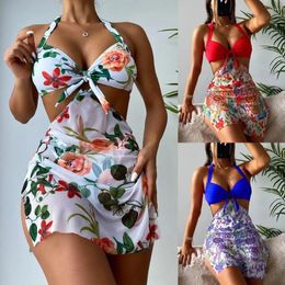 Women's Swimwear Bikinis Set 3Pcs/Set Women Halter Quick Dry Printing With Skirt Push Up Swim Pool Matching No Underwire Sexy High Waist