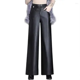 Women's Pants PU Leather Wide Leg Women Loose Casual Plus Size High Waist Punk Gothic Black Trousers Winter Thick Warm Clothing