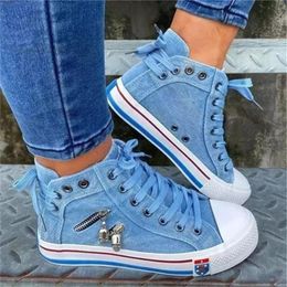 Shoes Women Denim Dress Flat-heel Round Toe Lace-up Skull Metal Decoration High-top Comfortable Fashion Classic Platform 7549