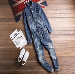 Men's Jeans Long-sleeved Denim Overalls Retro Style Lapel And Hip-hop Casual Pants