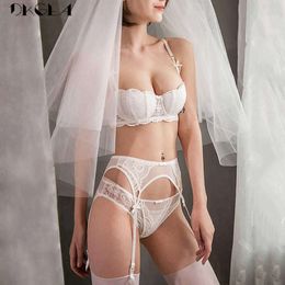 White Bras Push-Up Women Lingerie Set Cotton Brassiere Embroidery Lace Bra Set 3 Piece Bra+Panties+Garter Sexy Underwear Set Q0705