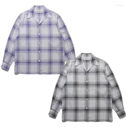 Men's Casual Shirts 23ss WACKO MARIA Long Sleeve Men Women 1:1 Simple Loose Open Collar Buttons Purple Gray Plaid Hawaiian Tops