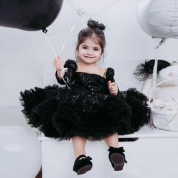 New Black Flower Girls Dresses Sequined Bow Kids Ball Gowns Children Wedding Party Dress Custom Made