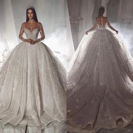 Vintage Ball Gown Dresses Sequins Beads Illusion Long Sleeves Wedding Dress Sweep Train bridal gowns