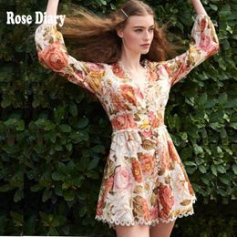 Women's Jumpsuits & Rompers RoseDiary Summer Designer Streetwear Playsuits V Neck Lace Patchwork Floral Short Playsuit Jumsuits Casual