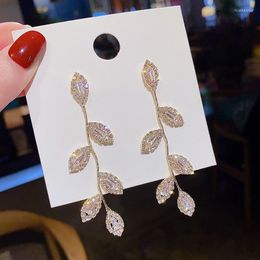 Dangle Earrings Shiny Rhinestone Leaves Temperament For Women Girls Gold Colour Metal Leaf Long Drop Wedding Jewellery