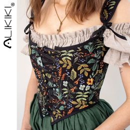 Camisoles Tanks Floral Print Vintage Corset Women Lace Up Buister Crop Top Sleeveless Bandage Tank Sexy Chest Binder Camisole Mujer 230403
