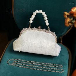 Evening Bags Vintage Wedding Mobile Phone Small Size Short Pearl Handle Handbag 2023 Female Luxury Prom Shiny Side Sling Shoulder Bag