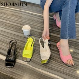 SUOJIALUN Design Sandals Ladies Brand Slipper Women Handmade Weave Open Toe Slip On Slides Thin Heels Party Dress Sandal