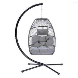 Camp Furniture Outdoor Patio Swings Wicker Folding Hanging Chair Rattan Egg Swing Hammock With C Type Bracket Cushion Pillow Grey