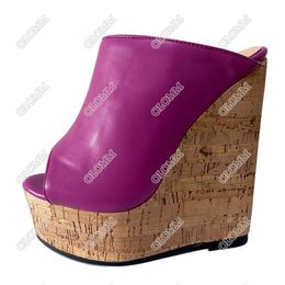 Olomm Women Platform Mules Slippers Sexy Wedges High Heel Slippers Open Toe Gorgeous Fuchsia Party Shoes Women US Plus Size 5-20