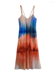 Casual Dresses MESTTRAF Women Fashion Y2K Tie-dye Print Midi Dress Vintage V Neck Thin Straps Backless Female Vestidos