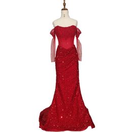 Luxury Red Sequined Evening Formal Dress Off the Shoulder Pearls Beads Mermaid Birthday Party Gown Prom Dresses 2024 Vestidos De Fieast