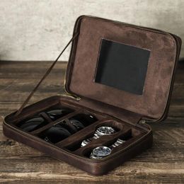 Watch Boxes Handmade Leather Flasses Box Organizer With Mirror Sunglasses Case Travel Storage Display Portable Pouch Zipper Bag