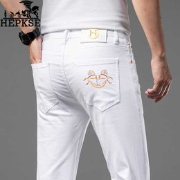 Men's Jeans designer luxury European goods high-end quality H men's embroidery printing white jeans fashion simple and versatile slim elastic straight tube