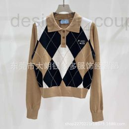 Women's Sweaters designer luxury P Early Autumn New POLO Collar Plaid Sweater British Academy Style Contrast Colour Diamond Versatile Pullover Knit BL31