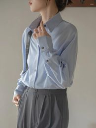 Women's Blouses QOERLIN Anti-wrinkle French Blue Shirt Women Spring Autumn Blouse 2023 Design Long Sleeve Button Elegant Office Ladies