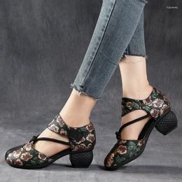 Sandals 5cm Print Authentic Elegance Fashion Genuine Leather Round Toe Ethnic Summer Luxury Designer Women Chunky Heel Shoes