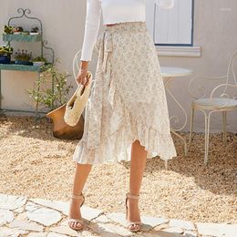 Skirts Summer Lace Up Bohemian Women Skirt Bandage Slit Irregular Swing Floral Vintage Female Clothing Chiffon Long Wholesale