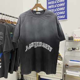 Ask Small Fashion Brand Summer Wash Gradient Sanskrit Gothic Letter Base High Street Distressed Short Sleeve T-shirt for Men and Women