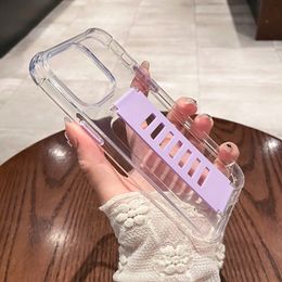 Candy Colour Hand Holder Wrist Strap Clear Phone Case For iPhone 15 14 13 12 11 Pro Max 15Plus Soft TPU Shockproof Cover