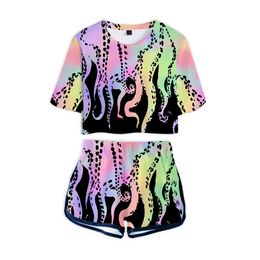 Women's Two Piece Pants Ocean Multi tentacled Fish Series Navel Short sleeved T shirt Shorts Suit Summer Morning Training Clothes 230403