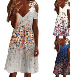Casual Dresses Ladies Lace Trim Flower Print Sling Short Sleeve Dress Women Day Cotton Sundresses For