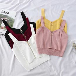 Women's Tanks Camis Women Crop Top Club Sexy Zipper Knitting Camisole With Hole Female Tank Tops Ladies Sleeveless Solid Simple Tops Women P230322