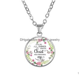 Pendant Necklaces New Relin Bible Scripture Necklace For Women Christians Verses Letter Flower Glass Cabochon Pendant Chains Faith Jew Dhvqy