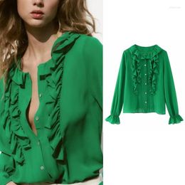 Women's Blouses Women Green Layered Decorative Shirt Fashion Lapel Long-Sleeved Single-Breasted Loose Casual Blouse Trend Street Style