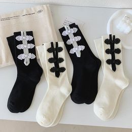 Women Socks 1Pair Jk Black And White Stockings Classical Chinese Style Cheongsam Buckle Design Autumn Winter Cotton