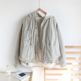 Women's Trench Coats Autumn Winter Women Japan Style Simple All-match Grey Loose Oversized Comfortable Warm Cotton Padded Hooded