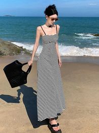 Casual Dresses Summer Long Holiday Dress For Women Clothing Elegant Vintage Striped Sexy Strap Backless Slim Maxi Prom Robe Femme Mujer