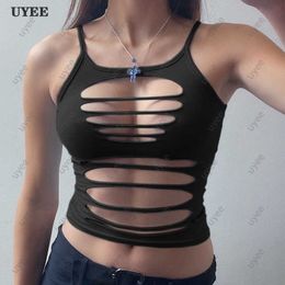 Women's Tanks Camis UYEE Sexy Summer Top Women Y2K Style Solid Hollow Out T Shirt Female Sleeveless Cropped Vest Short Streetwear Tank Rave Outfit P230322