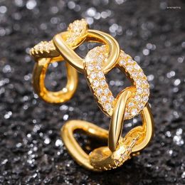 Cluster Rings Huitan Chunky Chain Opening Link Twisted Geometric Women Gold Color Modern Fashion Finger Accessories Girls Jewelry