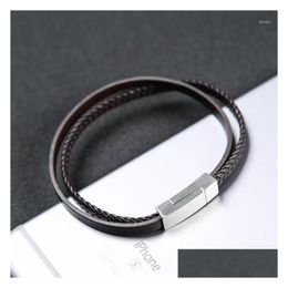 Charm Bracelets Charm Bracelets Yisheng Punk Men Jewelry Black/Brown Braided Leather Bracelet Stainless Steel Magnetic Clasp Fashion B Dhpq4