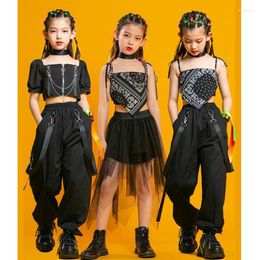 Stage Wear Kids Punk Hip Hop Clothing Square Neck Puff Sleeve Crop T Shirt Pleated Mesh Skirt Pant For Girls Jazz Dance Costume Set Clothes