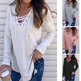 Women's Hoodies Women Lace Up V Neck Loose Sweatshirts Casual Autumn Long Sleeve Solid Pullover Tops KXFS-OM8735
