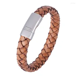 Charm Bracelets Trendy Brown Genuine Leather Bracelet Men Stainless Steel Braided Rope Bangle For Male Wristband Hand Woven Jewellery Gifts