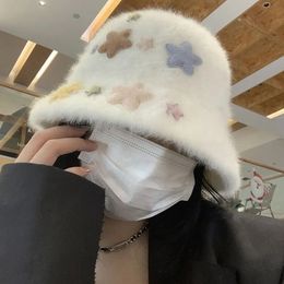 Bucket Hats Autumn and Winter Rabbit Fur Bucket Hat Women's Cute Star Pattern Plush Fisherman Hat Warm Cap Basin Hat Skullies Beanies y2k 231104