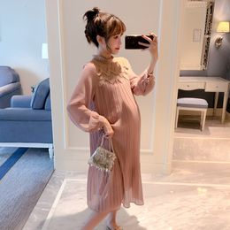 Maternity Dresses 9310# Autumn Korean Fashion Pleated Chiffon Pregnant Women's Long Dress Loose Straight Fit Pregnant Women's Clothing 230404
